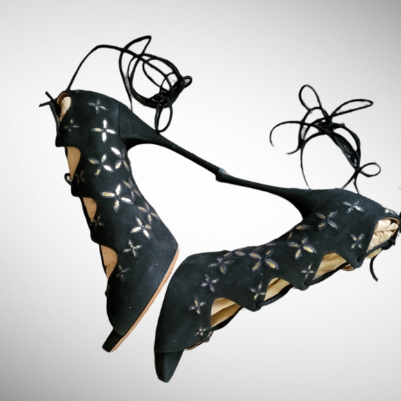 ALAIA |New in Box Black Suede w/Metallic Gold Floral Trim Open Toe Pumps S… - Picture 9 of 16